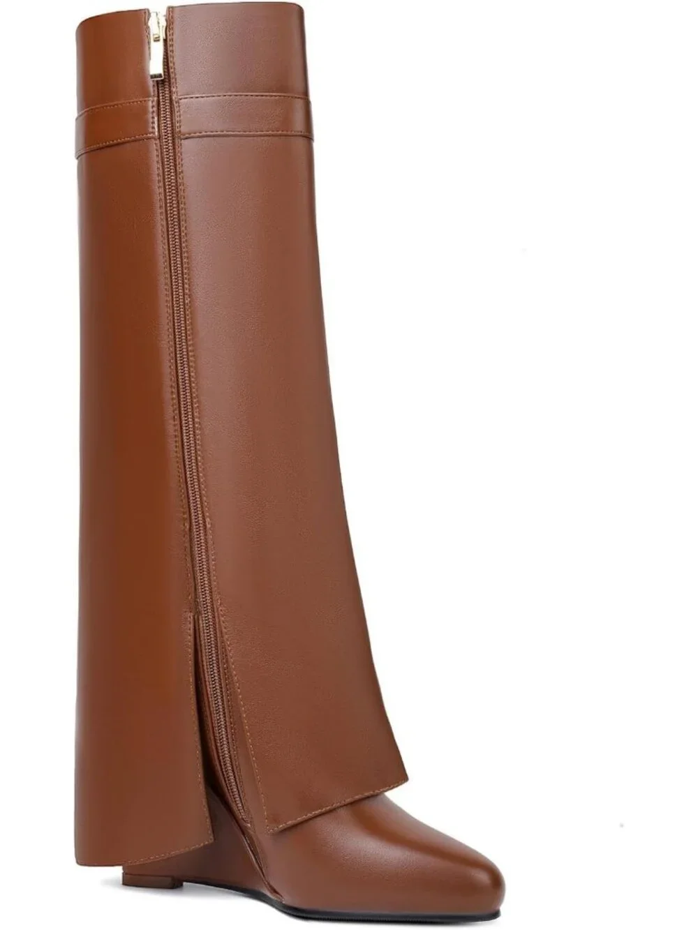 Women's Brown Pointy Pull-on Side Zipper Padlock Fold Over Knee High Boots